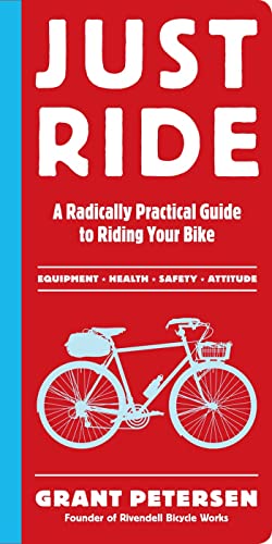 Red book cover with white text "JUST RIDE" and a bicycle illustration.