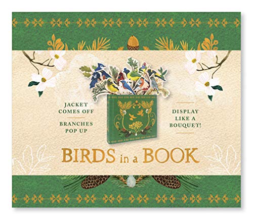 Green book cover with birds and flowers emerging from the top of the book.