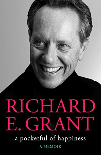 Black and white portrait of Richard E. Grant with pink title text.