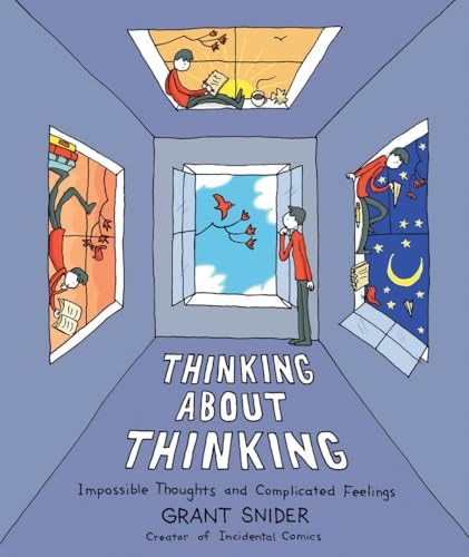 Book cover illustration showing a person in a room surrounded by windows with different scenes.