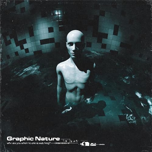 A bald mannequin figure stands in dark water against a tiled wall background.