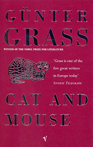 Red book cover with sketched cat and mouse, titled "Cat and Mouse" by Günter Grass.