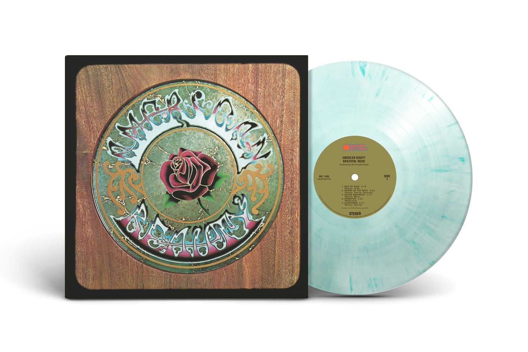 "Grateful Dead vinyl record with turquoise marbled disc and album cover featuring a rose design."