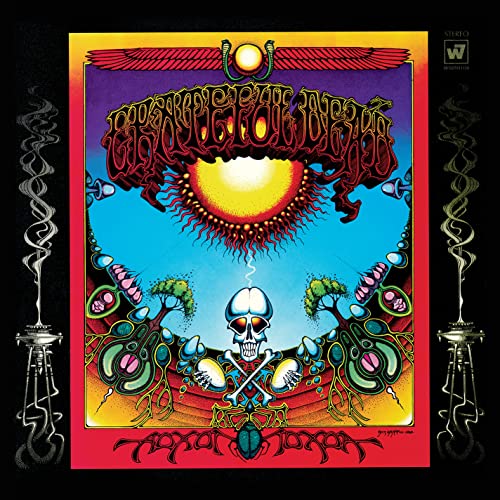 Grateful Dead “Aoxomoxoa” album cover: psychedelic art with skull and sun.