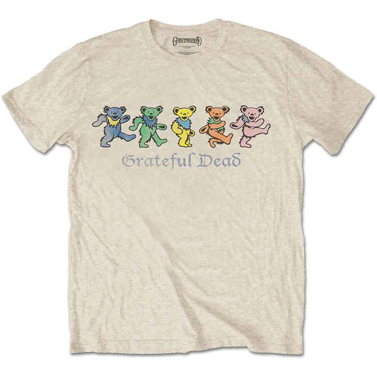 Beige Grateful Dead t-shirt featuring five colorful dancing bears and the band logo.