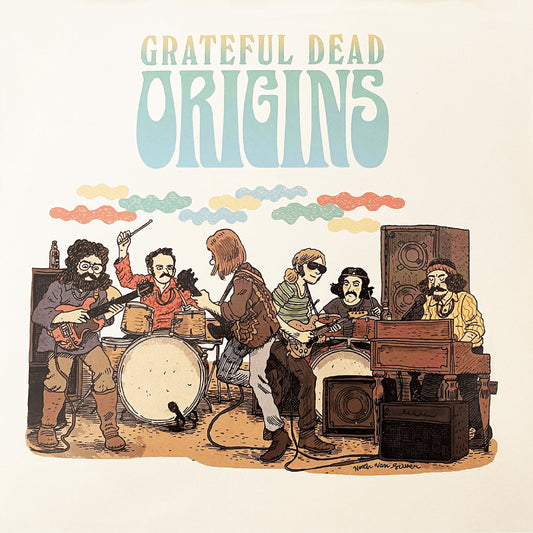 Grateful Dead "Origins" vinyl cover: illustrated band playing instruments.