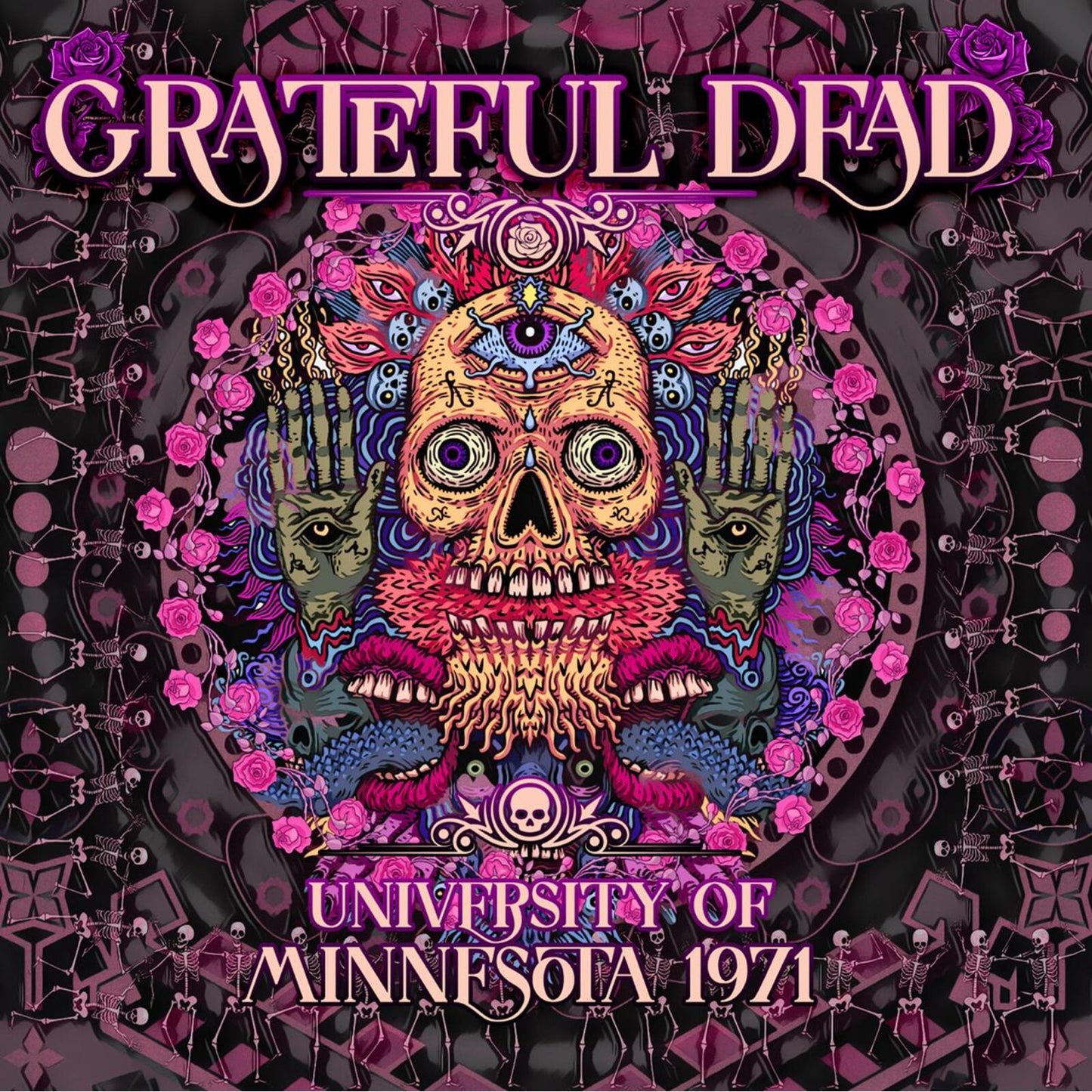 Grateful Dead album cover: colorful skull with hands and floral details.
