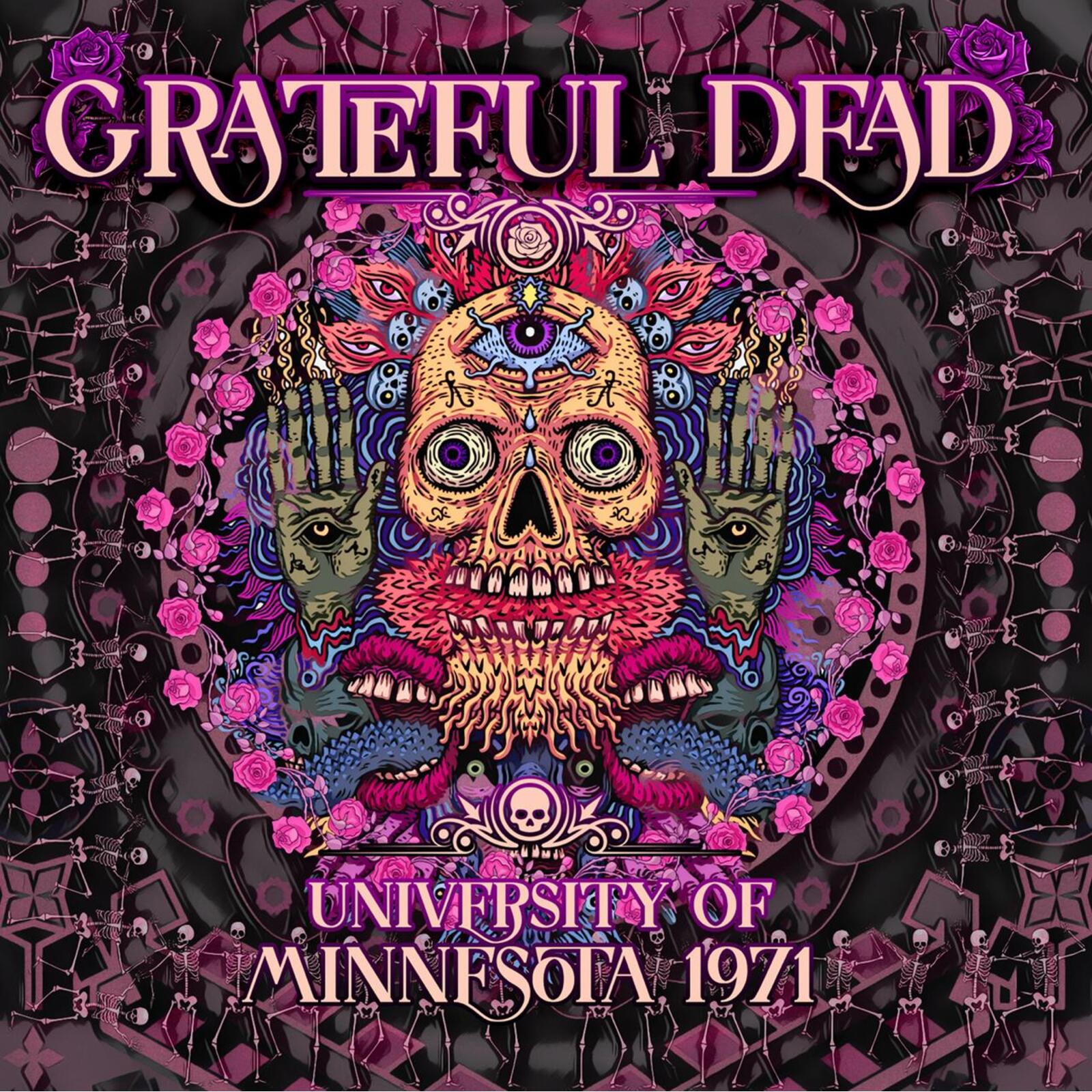 Grateful Dead album cover: colorful skull with hands and floral details.
