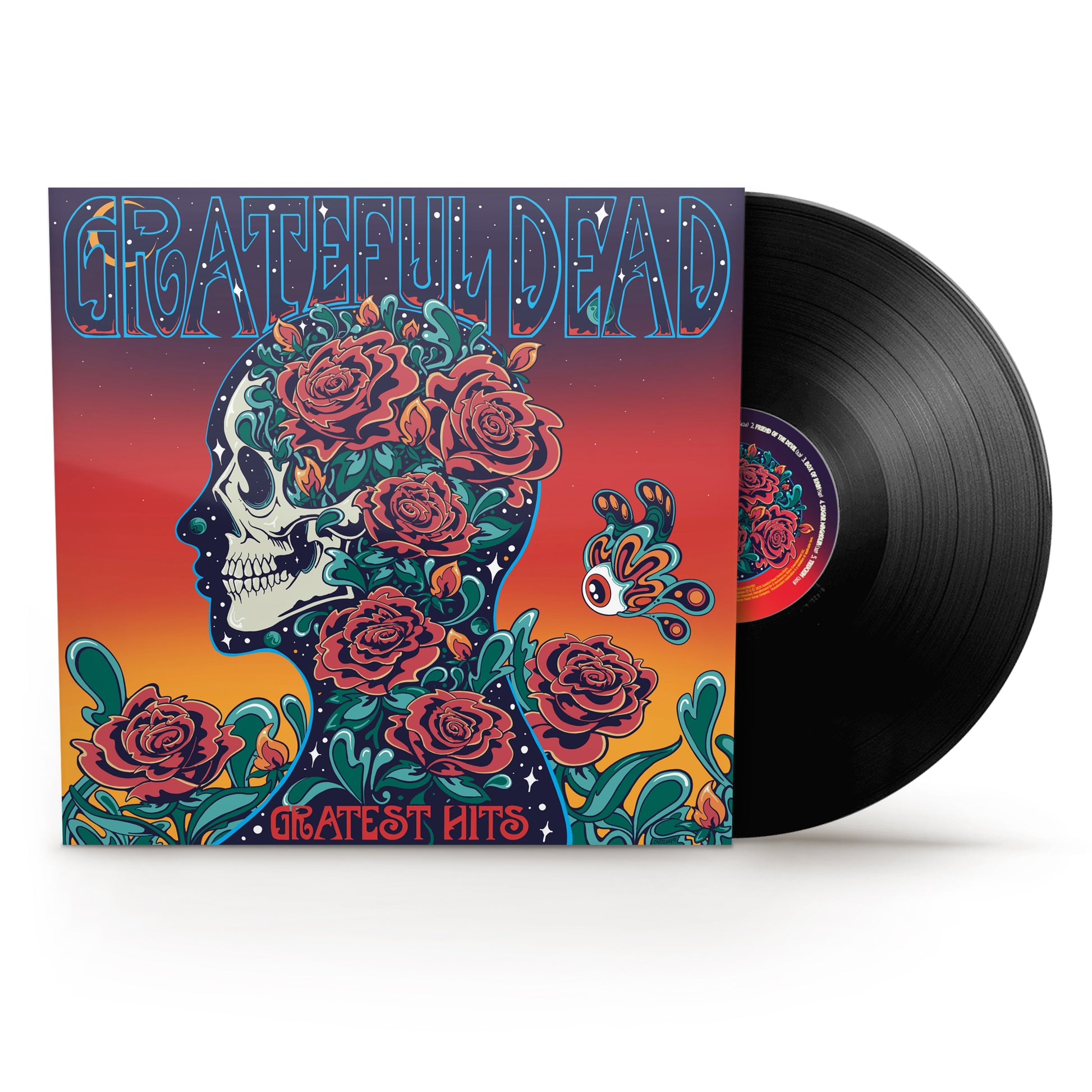 Grateful Dead “Greatest Hits” vinyl record with floral and skull artwork.