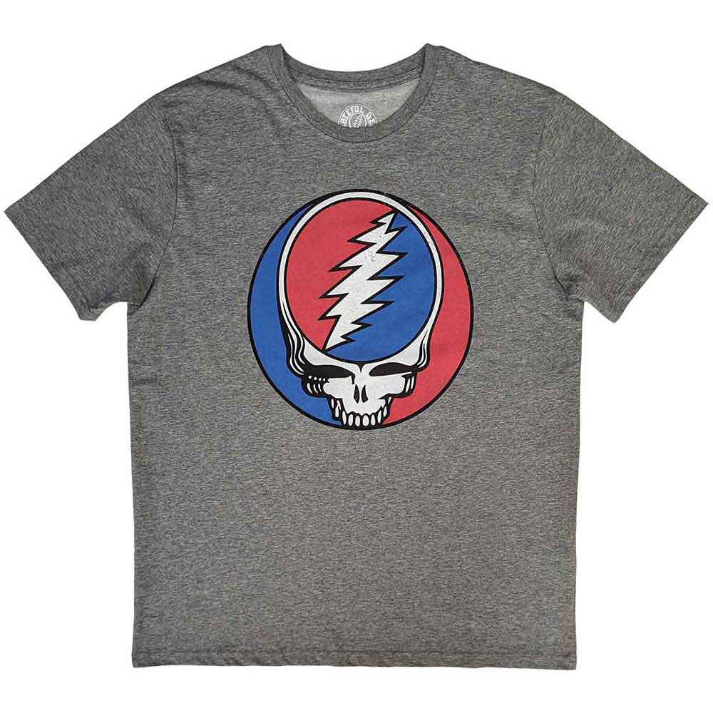 Grey t-shirt with red and blue Steal Your Face skull graphic.