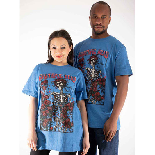 White t-shirt with Grateful Dead skeleton and roses graphic.