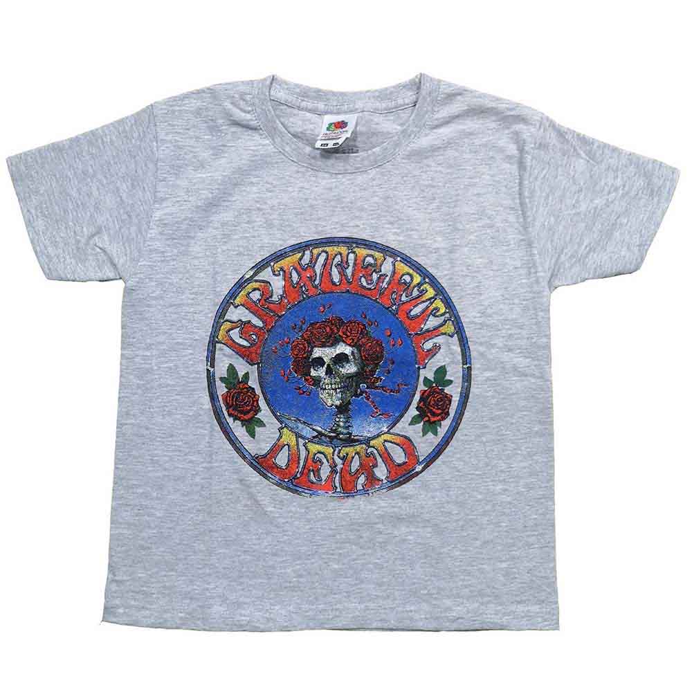 Gray kids' t-shirt with colorful Grateful Dead skull and roses design.