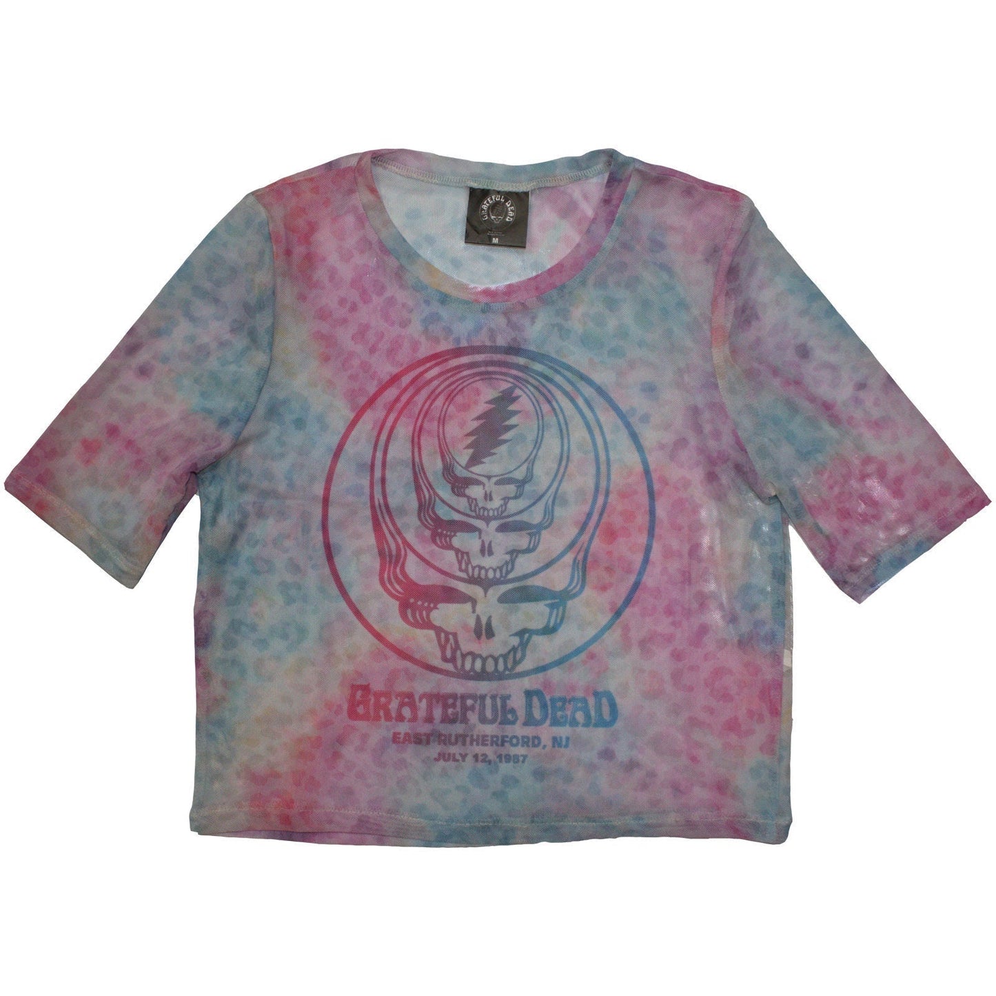 Mesh crop top with Grateful Dead concentric skulls graphic, size large.