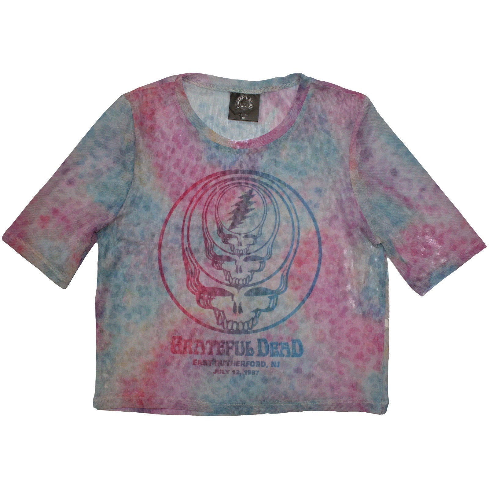 Mesh crop top with Grateful Dead concentric skulls graphic, size large.