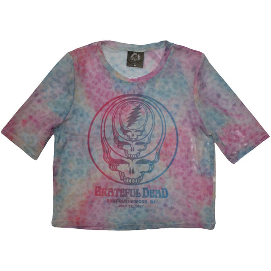 Mesh crop top with Grateful Dead concentric skulls graphic, size large.