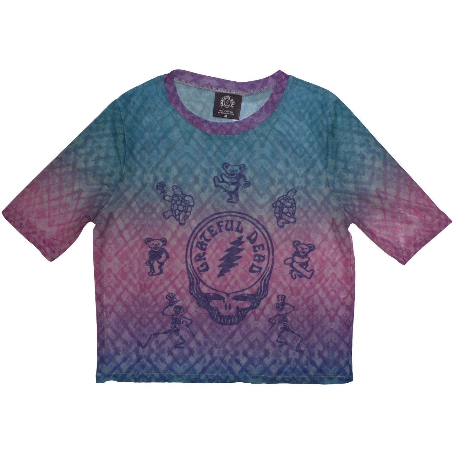 Mesh crop top with a gradient Grateful Dead Egyptian-themed design, size small.