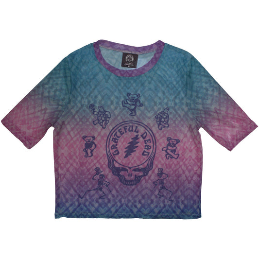 Mesh crop top with a gradient Grateful Dead Egyptian-themed design, size small.