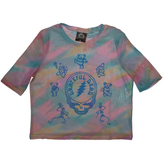X-small mesh crop top featuring Grateful Dead and Egyptian themed graphics.