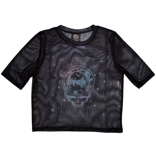 Mesh crop top with Grateful Dead Stealy Kid glitter ball graphic, size X-Large.