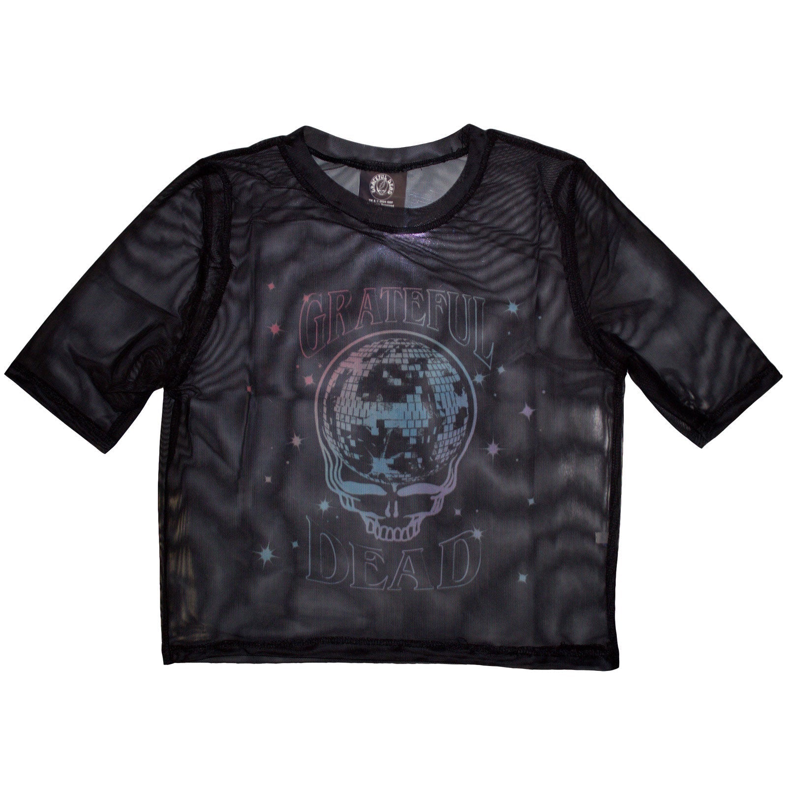 Mesh crop top with Grateful Dead Stealy Kid glitter ball graphic, size X-Large.
