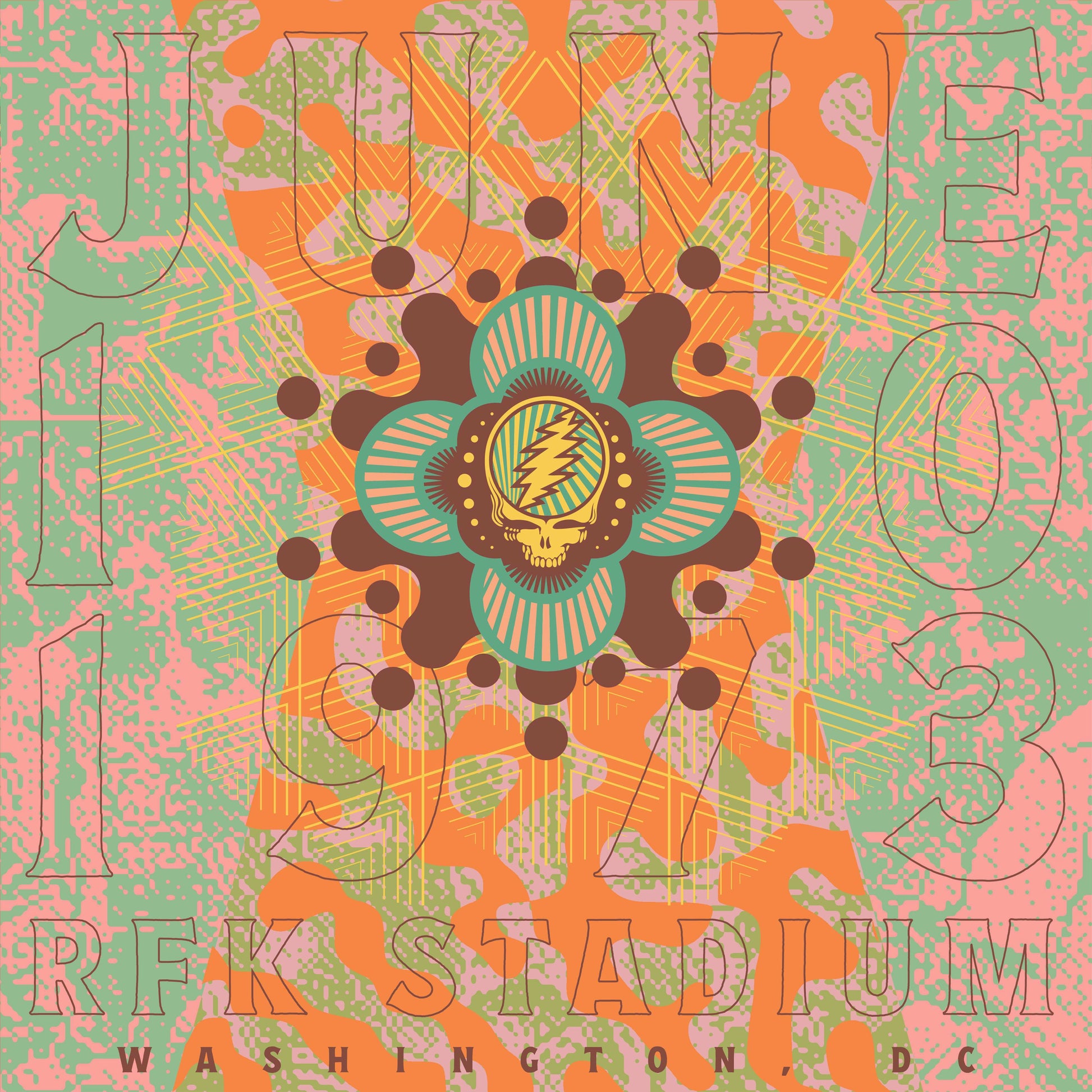 "Grateful Dead concert poster with stylized skull and flower design, orange and green background."