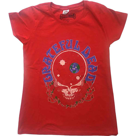 Red women's t-shirt with Grateful Dead skull and planets graphic.