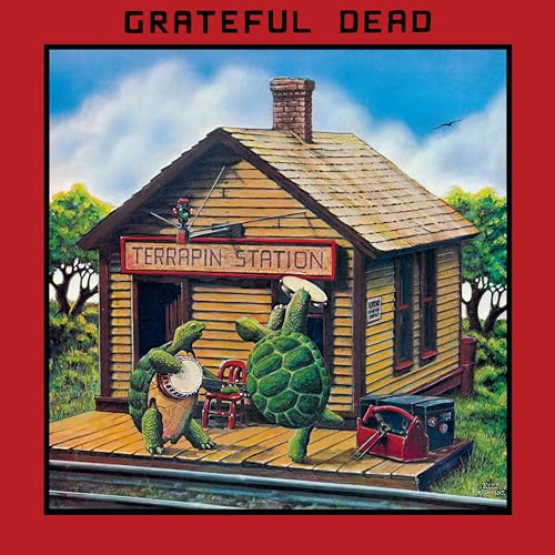 Album cover: wooden train station with turtles playing instruments.