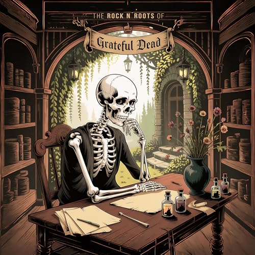 Skeleton in a suit sits writing at a desk in a library.