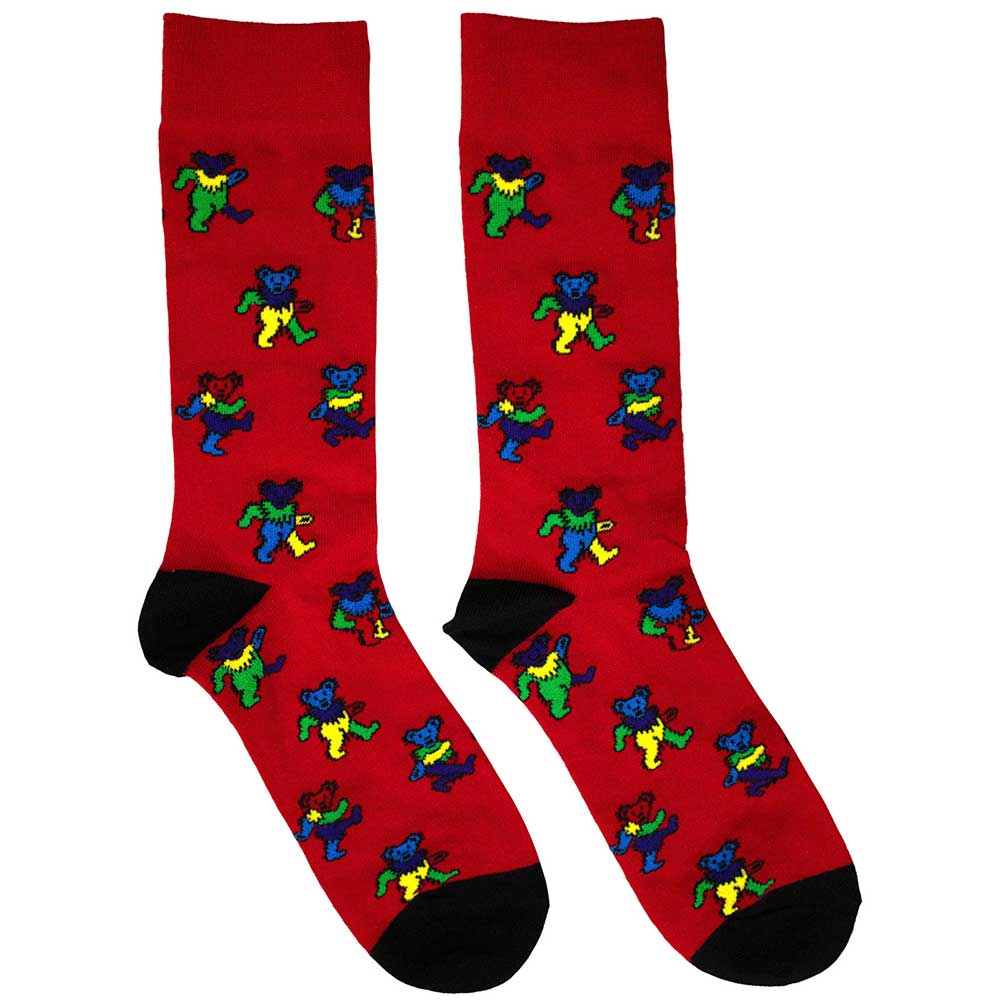 Red ankle socks with a repeating pattern of colorful dancing bears.
