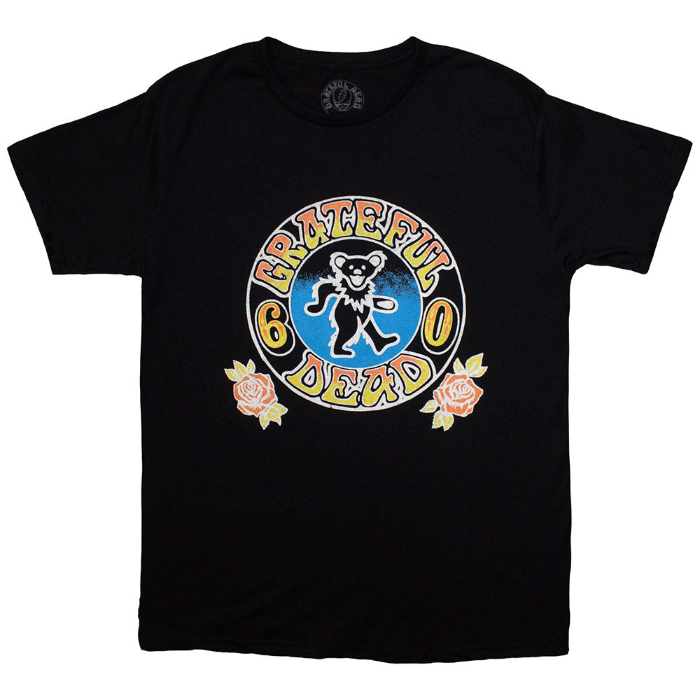Black unisex t-shirt featuring a colorful Grateful Dead dancing bear surrounded by red roses.