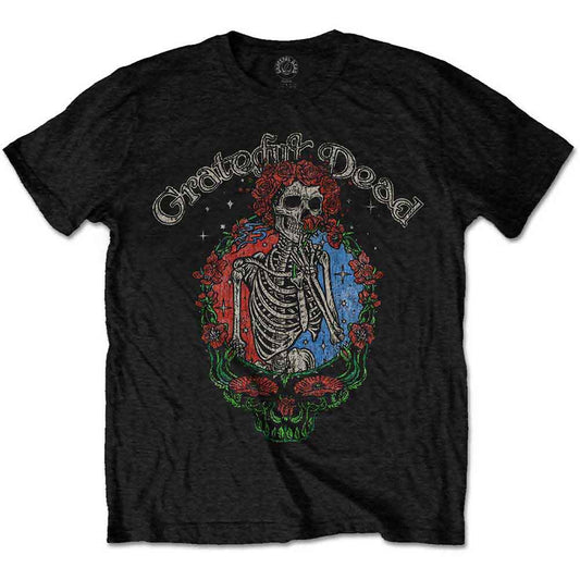 Black t-shirt with a colorful floral Steal Your Face skull graphic.