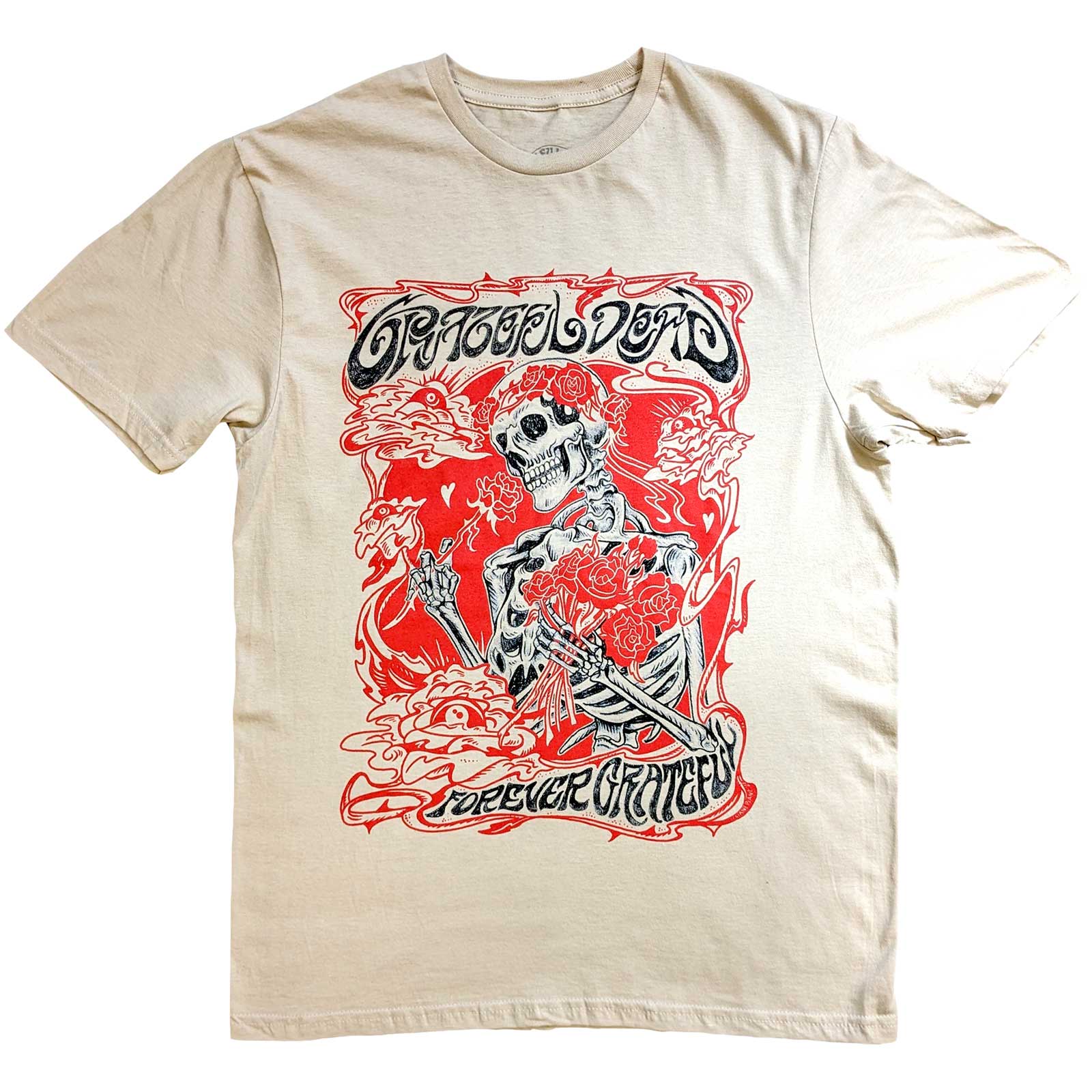 Red Grateful Dead logo within a frame on a unisex, extra-large t-shirt.