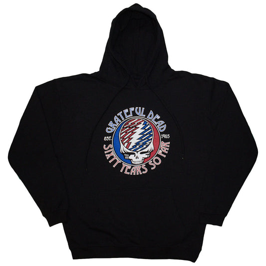 Black pullover hoodie featuring the Grateful Dead Stealie skull logo in white and blue.