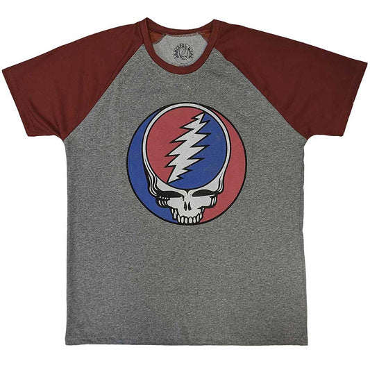White raglan t-shirt featuring the Grateful Dead Steal Your Face skull logo.