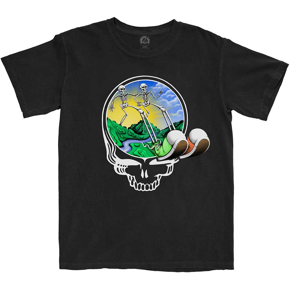 Black unisex t-shirt featuring a graphic of dancing skeletons in an X-Large size.