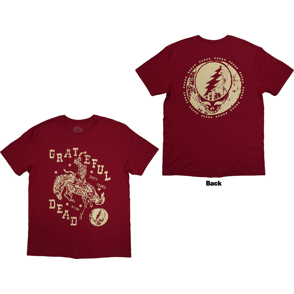 Black t-shirt with a large back print of a skeletal horse, Grateful Dead themed.