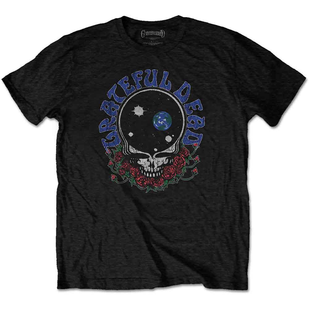 Black t-shirt with Grateful Dead skull, planets, and roses graphic.