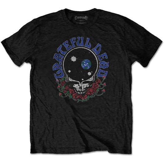 Black t-shirt with Grateful Dead skull, planets, and roses graphic.