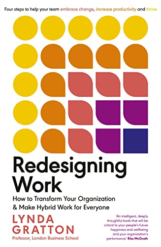 Book cover: "Redesigning Work" with colorful geometric shapes and bold text.