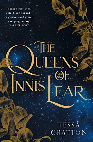 Book cover: “The Queens of Innis Lear” with gold foliage and starry background.