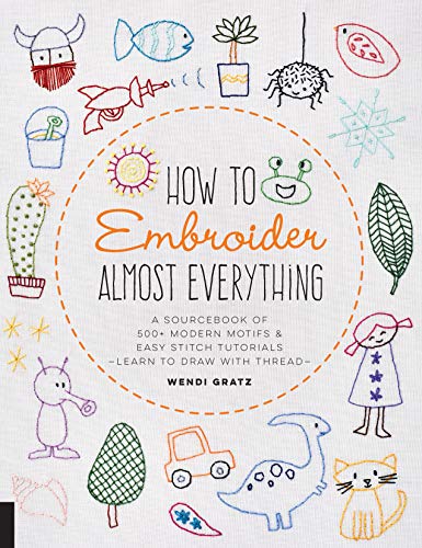 Book cover featuring embroidered motifs like a dinosaur, cat, and cactus surrounding the title.