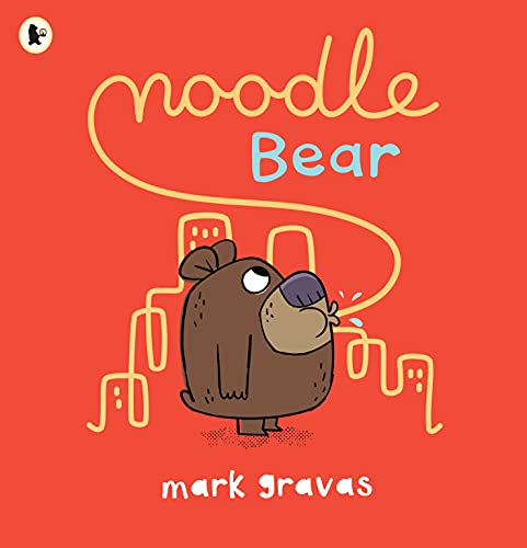 Brown cartoon bear with noodles, book cover titled "Noodle Bear.
