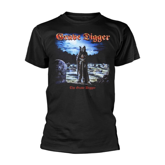 Black Grave Digger band t-shirt with hooded figure graphic.