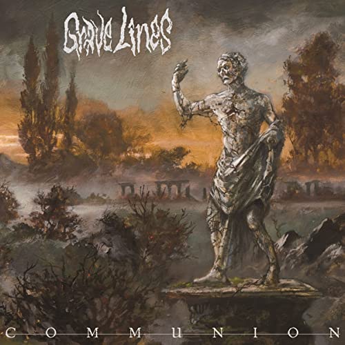 Album cover: decaying figure in a landscape, “Grave Lines - Communion.”