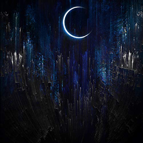 The image depicts a dark, abstract background with a crescent moon. Alt text: Dark abstract artwork featuring a glowing crescent moon.