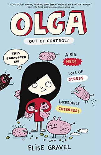 Book cover: girl with cats, chaotic doodles, and bold red title "Olga".
