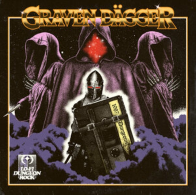 Album cover showing a knight holding a cassette tape before three hooded, purple figures.