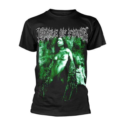 Black t-shirt with graphic of a bound woman in a forest.