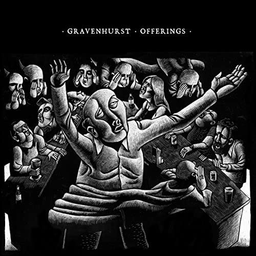 Black and white illustration of a man with raised arms surrounded by people drinking.