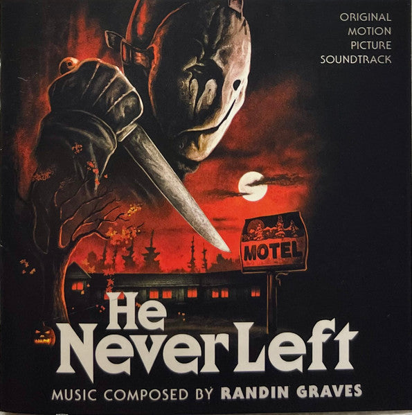 CD cover for "He Never Left" soundtrack featuring a masked figure with a knife.